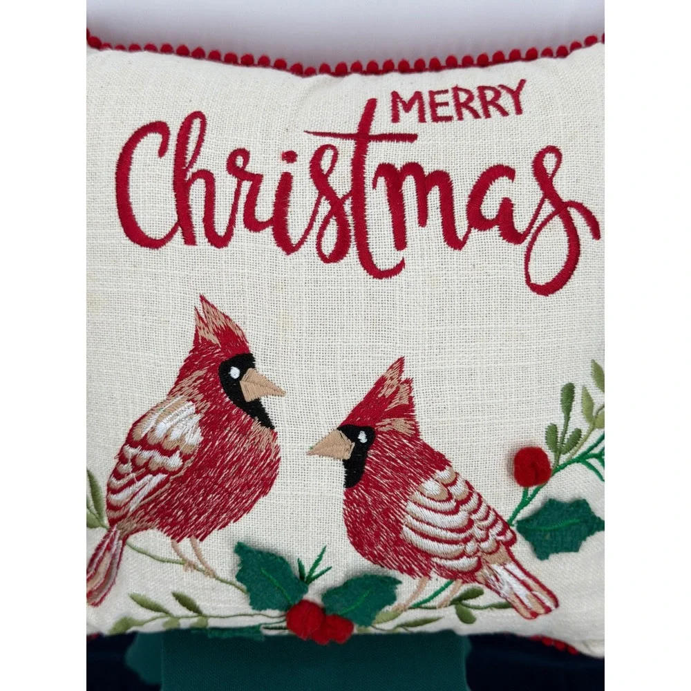 Jingles & Joy Merry Christmas Cardinal Embroidered Throw Pillow Red Pom Pom 11